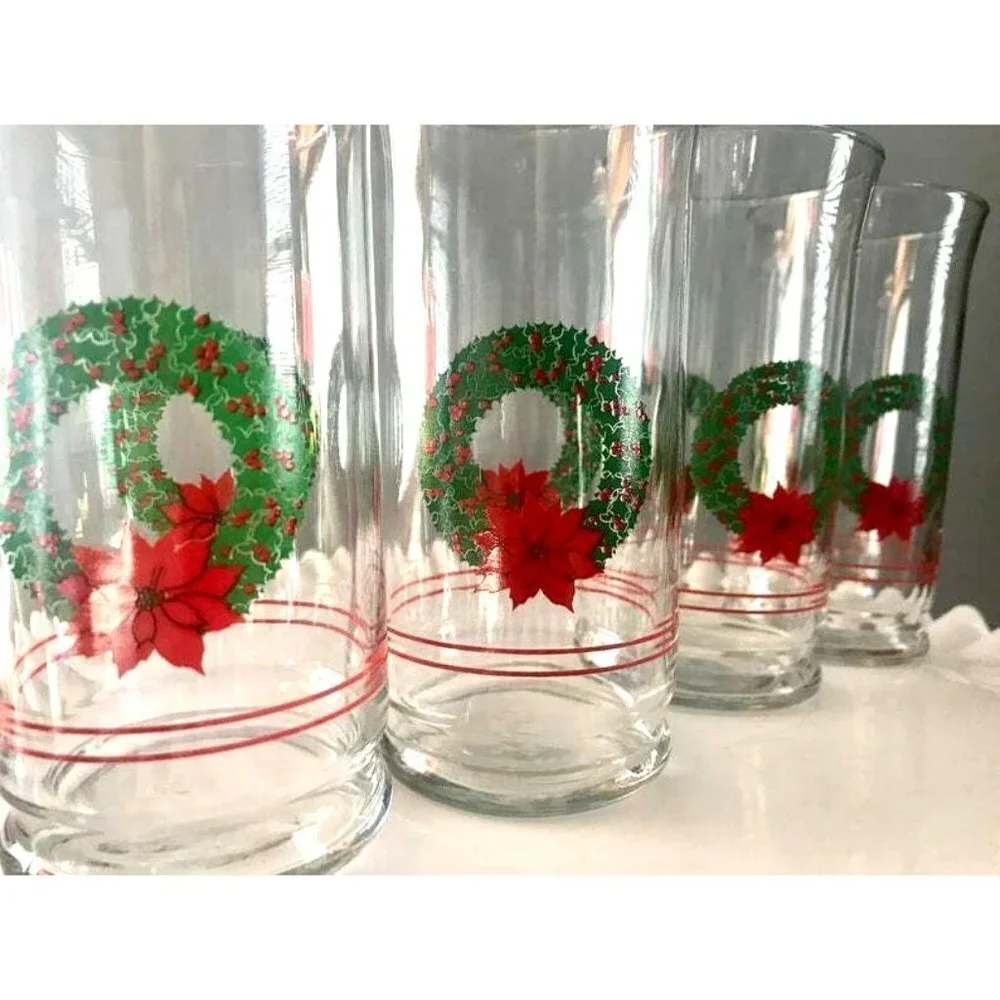 4 Libbey glasses Christmas Wreath Poinsettia VTG clear drinking glasses Vintage